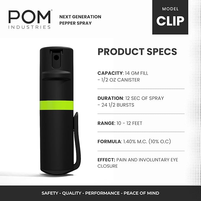 POM Pepper Spray Combo Pack Clip & Keychain - Maximum Strength OC Spray Self Defense- Tactical Compact & Safe Design - 25 Bursts & 10 ft Range - Stream Spray Pattern