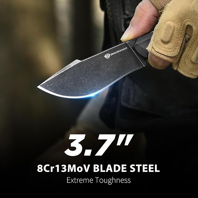 Survival Knife with Fire Starter L-Y, 7.68" Tactical Small Fixed Blade EDC Knife for Men, Full Tang, Stonewashed Black Blade & Black Handle