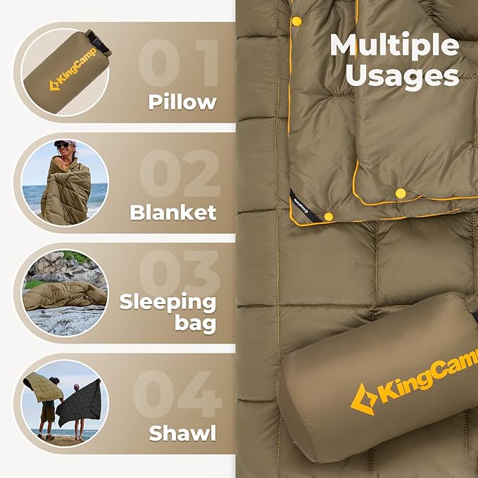 KingCamp Ultralight Camping Blanket, Packable Down Alternative Puffy Wearable Blankets Weatherproof Warm Package Quilt with Snap Buttons for Outdoor Hiking Travel Picnic Stadium (69" x 53", OLIVE)
