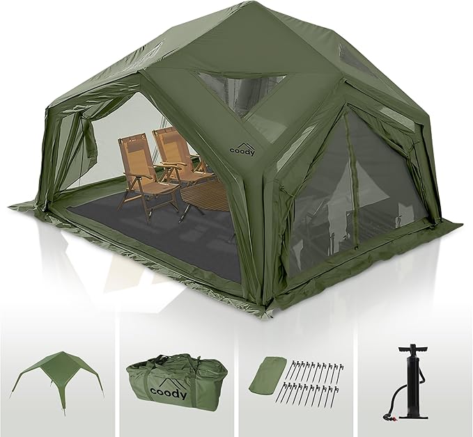 Coody | Rbm Outdoors Koala/Hub/Octopus Inflatable Tents for Camping with Stove Jack, 2/8/10 Person Luxury Canvas Blow Up Tent, 2 Room, Easy Setup Casa de Campaña, Large Inflatable House with Pump