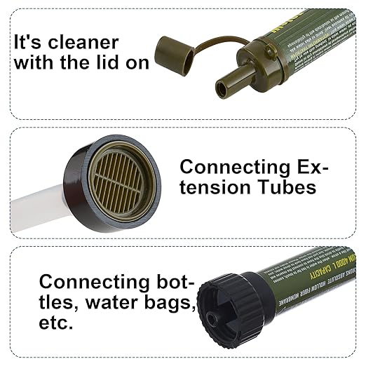 Water Filter Straw Outdoor Portable Water Purifier Survival Gear and Equipment for Hiking Camping Travel 3 Pack Army Green