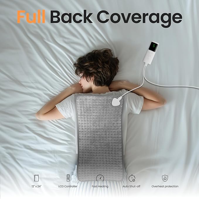 Heating Pad for Back Pain, 12''×24'' Heating Pad for Period Cramps Neck Shoulder Knee Leg with 9 Heat Settings Auto Shut-Off and Rapid-Heating, Ideal Gift for Family and Friends, Gray