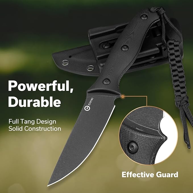 CIVIVI Fixed Blade Knife with a Kydex Sheath, a T-clip, a Lanyard for EDC, Stormridge Full Tang Knife with 3.92" Nitro-V Black G10 Contoured Handle for Outdoor Activities C23041-1