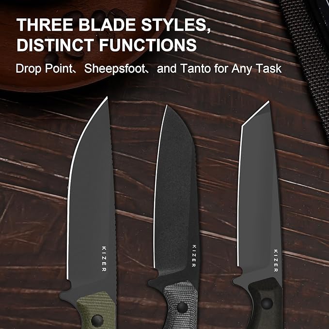 Kizer Begleiter Fix Fixed Blade Knife, 3.75" Sheepsfoot 3V Blade Hunting Knives with Kydex Sheath, Black Micarta Handle EDC Knife for Camping Hunting Survival 1045MS1