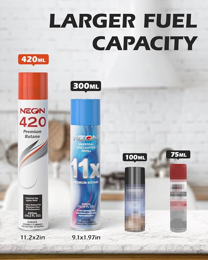 NEON Butane Refill 420ml, 11X Ultra Refined 0 Impurities Butane Fuel, Premium Universal Lighter Fluid with Metal Nozzle and 5 Butane Gas Refill Adapters for Refillable Lighters and Torches, 12 Cans