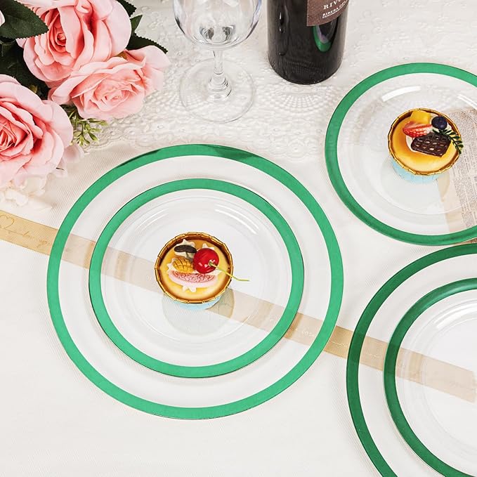 U-QE 200PCS Clear Green Plastic Plates - Green Plates Disposable Heavy Duty- Include 100 10” Dinner and 100 7” Dessert Platos, Perfect for Party, Wedding