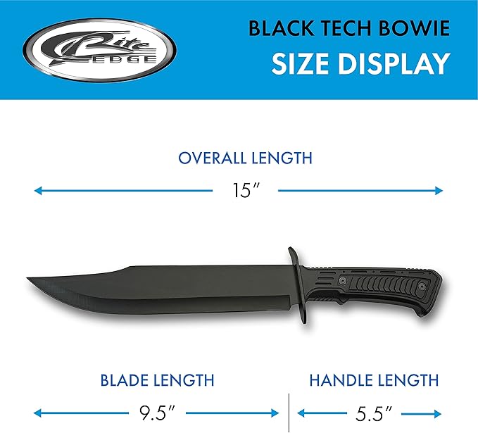 SZCO SUPPLIES 15-Inch Outdoor Survival Bowie Knife, Black Blade, Rubberized Handle, Nylon Sheath, Camping, Hunting, Tactical Use