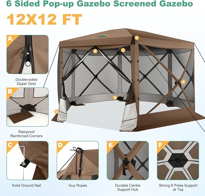 COBIZI 12x12 Pop up Gazebo Screen House Tent for Camping, Outdoor Canopy with Removable Roof&Mosquito Netting, Portable Hub with Carrying Bag and Ground Stakes, Brown