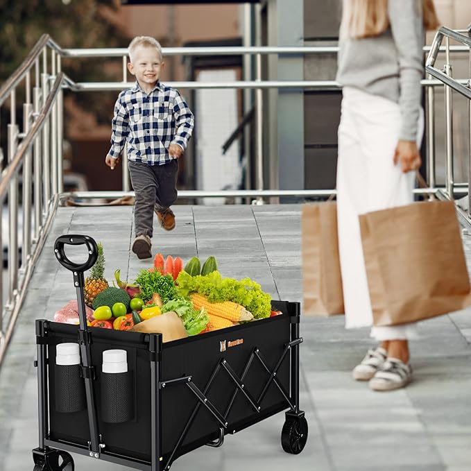 Navatiee Portable Foldable Collapsible Wagon with Wheels, 220lbs Weight Capacity Utility Grocery Shopping Cart, Lightweight Mini Folding Wagon for Outdoor, Black