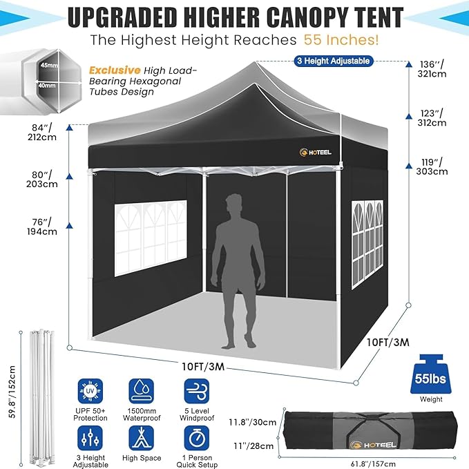 HOTEEL Canopy Tent 10x10 Heavy Duty Pop Up Canopy with Sidewalls, Commercial Instant Waterproof Tent for Vender Patio, UV 50+ with Silver Coated, Upgraded Thickened Hexagonal Legs, Black
