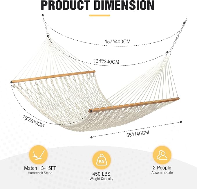 RedSwing Double Hammock for 2 Person,Rope Hammocks for Outside with Wooden Spreader Bars, Includes S-Hooks and Hanging Chains,Capacity 450 lbs