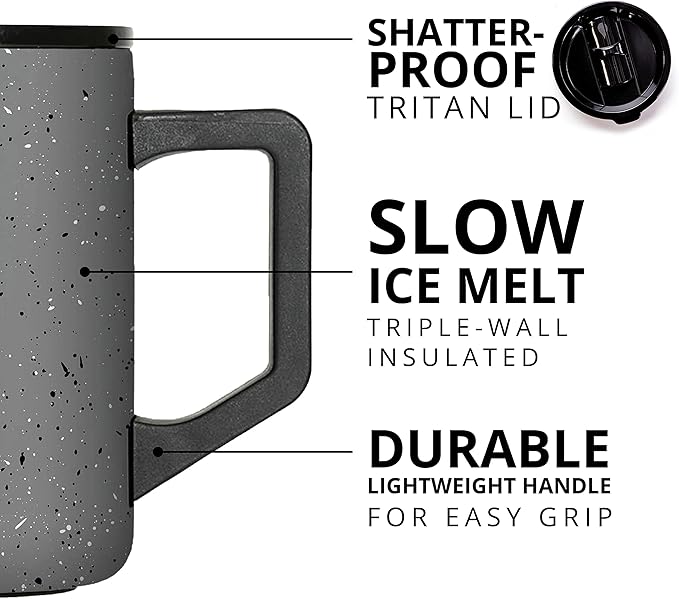 Elemental Insulated Coffee Mug - Triple-Wall Stainless Steel Summit Travel Cup for Hot and Cold Drinks - Thermal Coffee Mug with Lid and Handle for Camping, Office & Travel 16oz - Grey Speckle