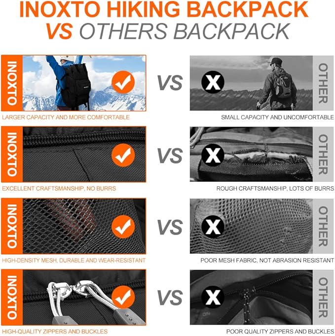 INOXTO 35L/40L Hiking Backpack, Camping Backpack with Waterproof Rain Cover for Men, Outdoor Sport Travel Daypack for Climbing (Black)