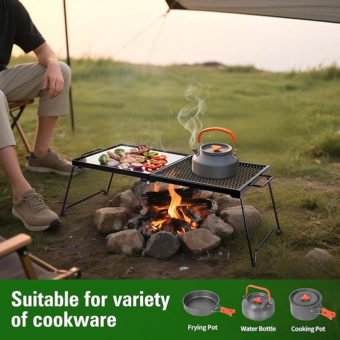Campfire Grill Portable Folding Camping Grill Grate Heavy Duty Steel Fire Pit Grill Grate,Camp Fire Cooking Racks with Carrying Bag,Grilling Rack for Outdoor Open Flame Cooking