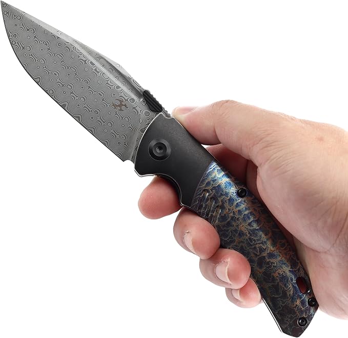 KANSEPT Hinterlan Pocket Folding Knives for Men EDC Camping Folding Knife 3.58'' Damascus Blade with Blackwash Titanium Lightning Strike Finished Titanium Inlay Handle Everyday Carry K1057A6