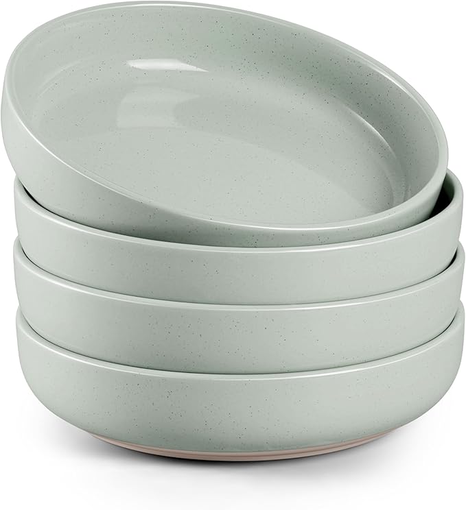 HaWare Pasta Bowls Set of 4, 33oz Large Salad Bowls for Home Kitchen, Ceramic Serving Plates for Soup, Cereal, Wide and Shallow Dinner Bowl, Microwave & Dishwasher Safe, Asparagus Green