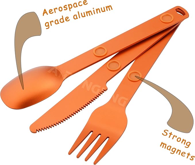 Magnetic Camping Cutlery Set, Flatware Utensils Set, Knife, Fork & Spoon, Travel Utensils for Camping, Cooking, and Outdoor Dining, 3-Pack, Orange