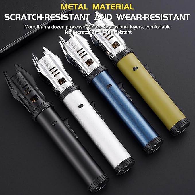 Torch Lighter, Camping Outdoor Windproof Straight Flame Lighter, Refillable Butane Lighter with Safety Lock and Adjustable Flame Size, for Outdoor BBQ Camping Kitchen Cooking (Black)