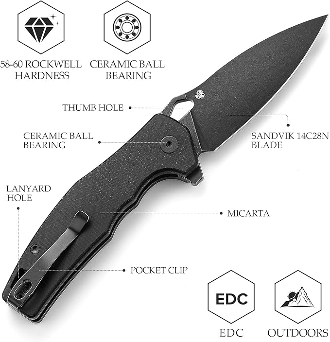 Pocket EDC Knife for Men, Camping Folding Knife with Clip, 3.16" Sandvik14C28N Steel Blade,Micarta Handle,Corvus-04B