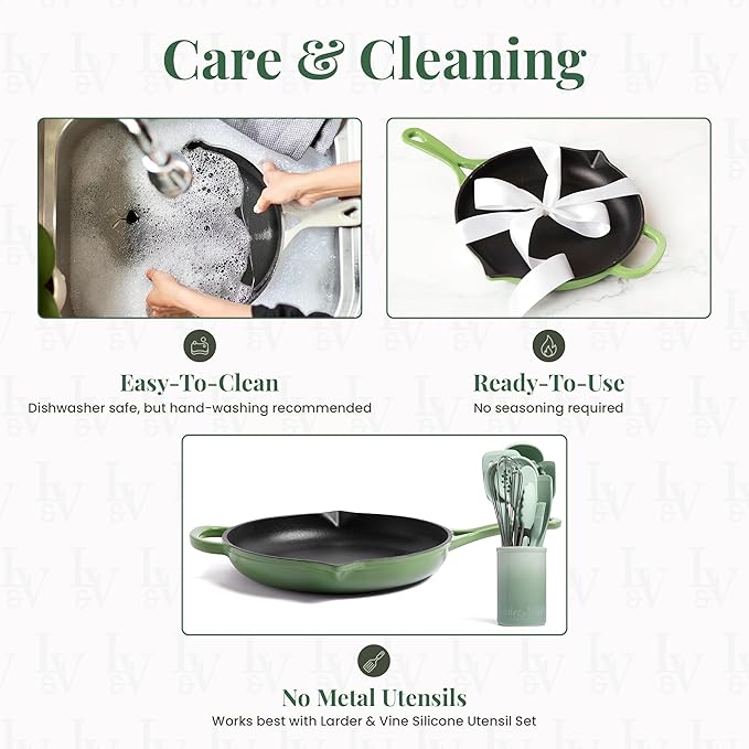 Larder & Vine Enameled Cast Iron Skillet | 10.25 inch Cast Iron Pan | Saute Pan with Pour Spouts | Enamel Coated Cast Iron Skillet | Compatible on All Cooktops & Oven Safe to 500° F | Okra