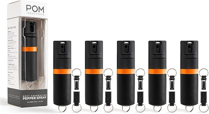 POM Pepper Spray Keychain, Quick Key Release for Instant Access, Flip Top Safety, Maximum Strength OC Formula with UV Marking Dye, 25 Bursts, 10 ft Range, 0.5 fl oz