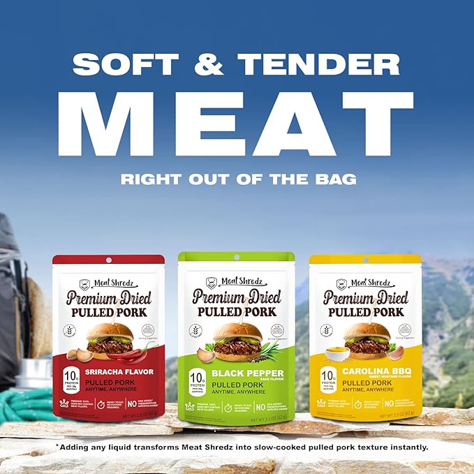 Meat Shredz - Premium Dried Pulled Pork (Carolina BBQ - Sweet Mustard, 1 Pack) | Gluten Free | High Protein & Low Sugar | Bacon Bits | Dehydrated Backpacking & Camping Food | Shredded, Dried Jerky Chew Snack