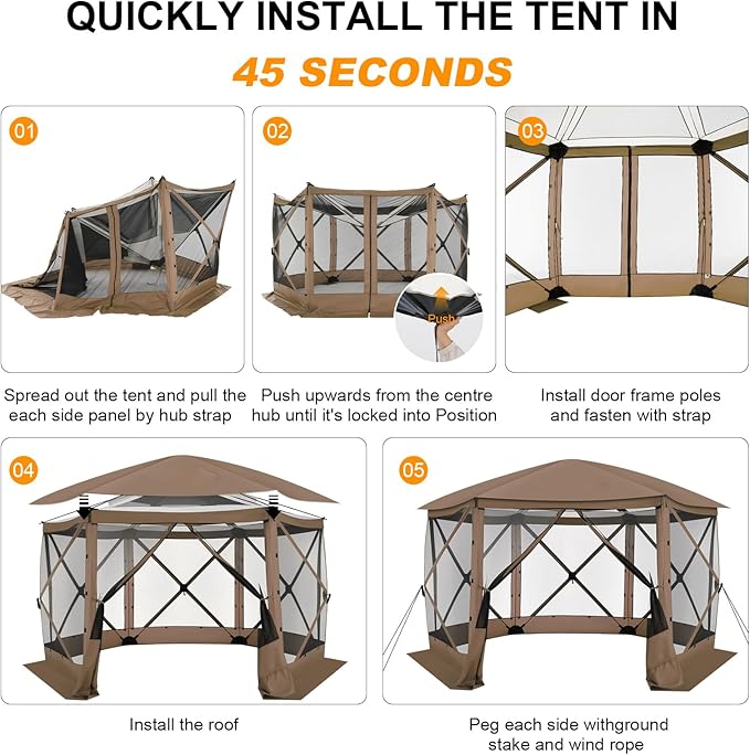 COBlZl Pop Up Gazebo 12x12 Screen House Tent for Camping, Outdoor Instant Stargazing Gazebo Canopy with Awning 2.0, Portable Hub Tent with Mosquito Netting, Pavilion for Backyard,Brown