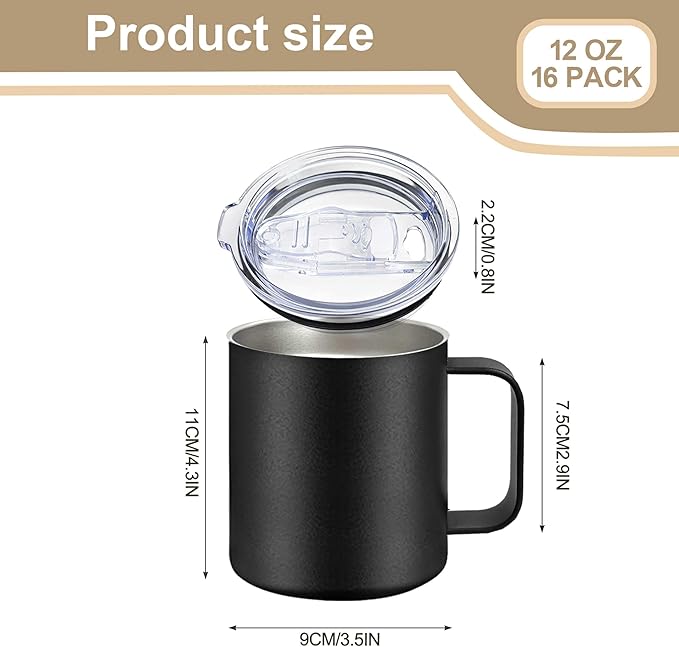 16 Pack Stainless Steel Insulated Coffee Mug Bulk with Handle & Lids, Powder Coated 12oz Vacuum Insulated Double Wall Mug for Laser Engrave, Black
