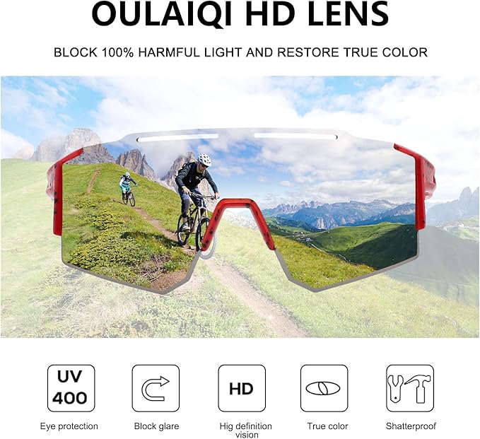 OULAIQI Cycling Sunglasses Polarized Sunglasses for Cycling Men Women with 1 Lens or 3 Interchangeable Lens Baseball Glasses