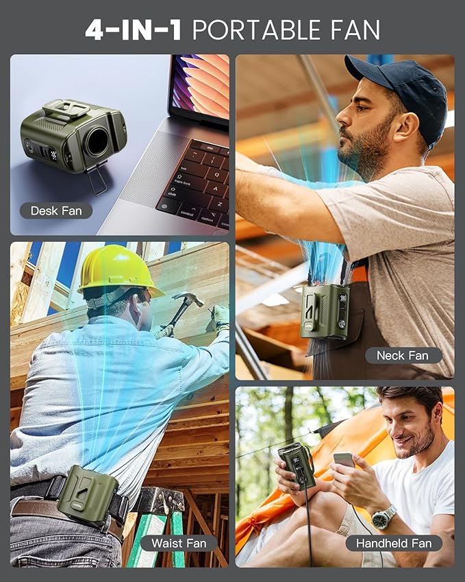 coldSky Portable Waist Fan, 10000mAh Rechargeable Belt fan with LED Display & 60H Runtime, 11000RPM Brushless Motor Shirt Fan, 5 Speeds Neck Fan for Outdoor Work, Camping, Farm, Jobsite (Green)