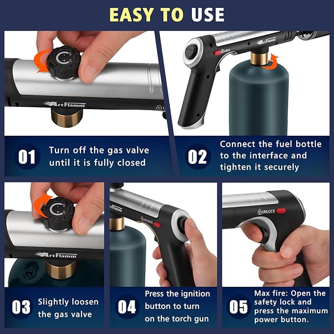Powerful Propane Torch Gun, Flamethrower with Turbo Mode, Charcoal Torch Lighter with Safety Lock, Kitchen Blow Torch for Cooking, BBQ, Searing Steak, Grill(Tank Not Included)