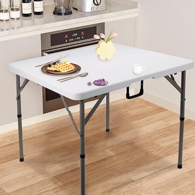 34" Square Folding Card Table, Fold-in-Half Utility Dining Portable Table Heavy Duty HDPE White Plastic Foldable with Carrying Handle Indoor Outdoor for Picnic, Camping, Party