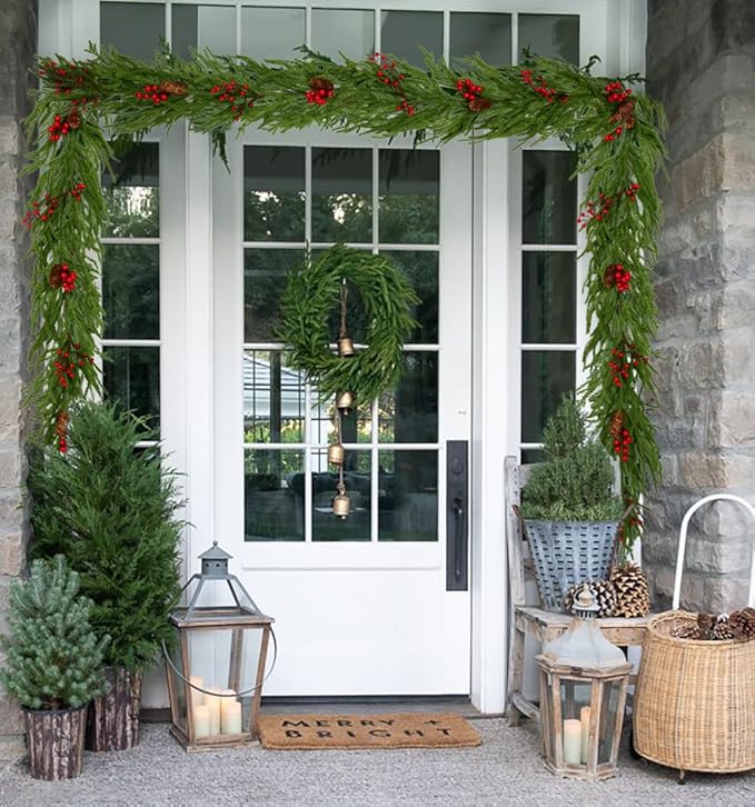 Hollyone 6FT Norfolk Pine Garland Real Touch Winter Pine Garland with Red Berry Christmas Garlands Artificial Greenery for Table Mantle Wall Indoor Outdoor Mantle Holiday Christmas Home Decor