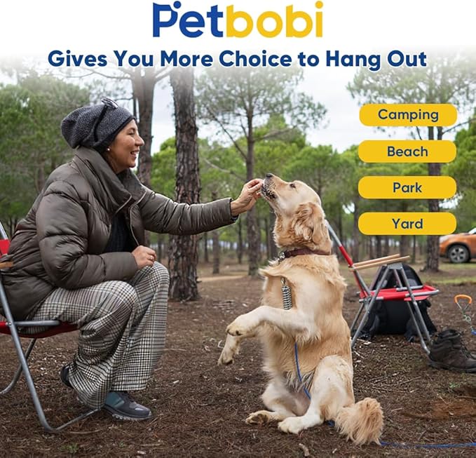 Petbobi Dog Tie-Out Cable and Stake - 50ft Heavy Duty Cable with Spring, No Tangle, 16in Ground Stake, Ideal for Yard, Camping and Beach, Suitable for Small Medium Large Dogs Up to 120 lbs, Blue