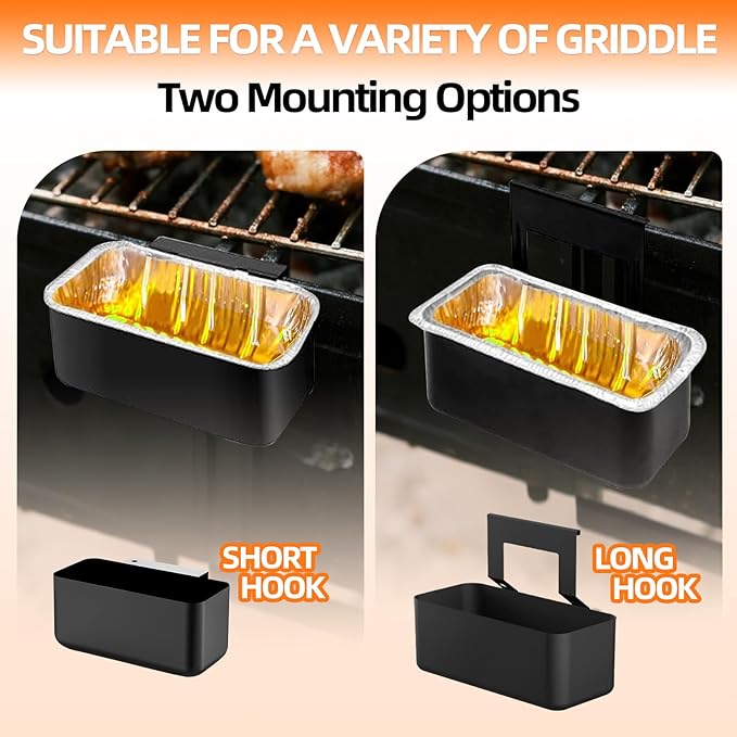 Blackstone Grease Catcher& Drip Tray Set - Universal Grease Catcher Compatible with Blackstone 17/22/28/36" Griddles - Includes 12 Pack Grease Cup Liners & Long/Narrow Hooks - Two Mounting Options