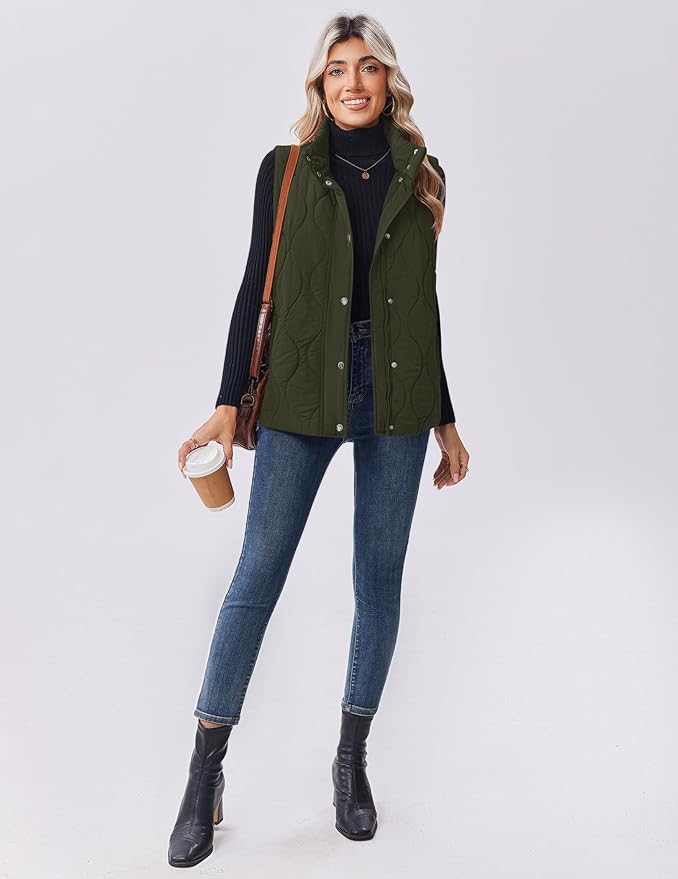 Zeagoo Puffer Vest Women Sleeveless Quilted Jacket Lightweight Snap Zip Up Stand-up Collar Down with Pockets Outerwear