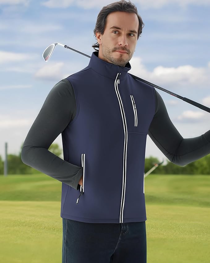 WULFUL Men's Windproof Lightweight Golf Vest Outerwear with Pockets, Softshell Sleeveless Jacket for Travel Hiking Running