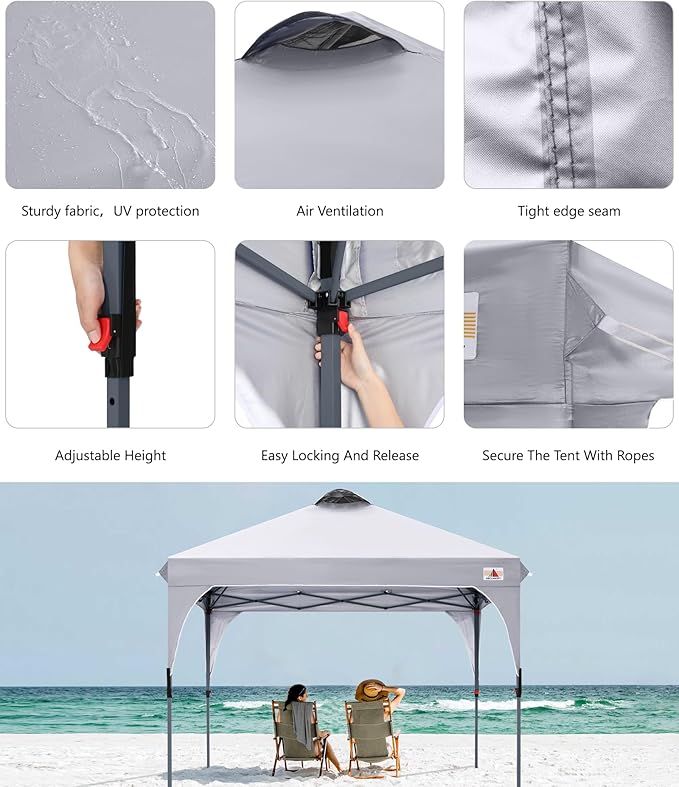 ABCCANOPY Outdoor Pop up Canopy Tent, 8x8 Instant Portable Canopy for Camping, Beach, Backyard, Gray