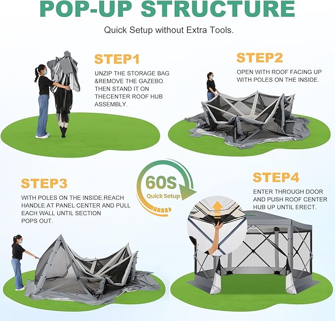 COBIZI 12x12 Pop up Gazebo Screen House Tent for Camping, Outdoor Canopy with Removable Roof&Mosquito Netting, Portable Hub with Carrying Bag and Ground Stakes, Grey
