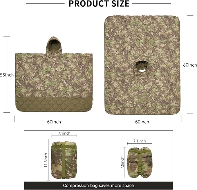 LOOGU Camo Blanket Waterproof Insulation Poncho Liner for Outdoor Camping, Hiking, Hunting, Survival, Backpacking, Picnicking