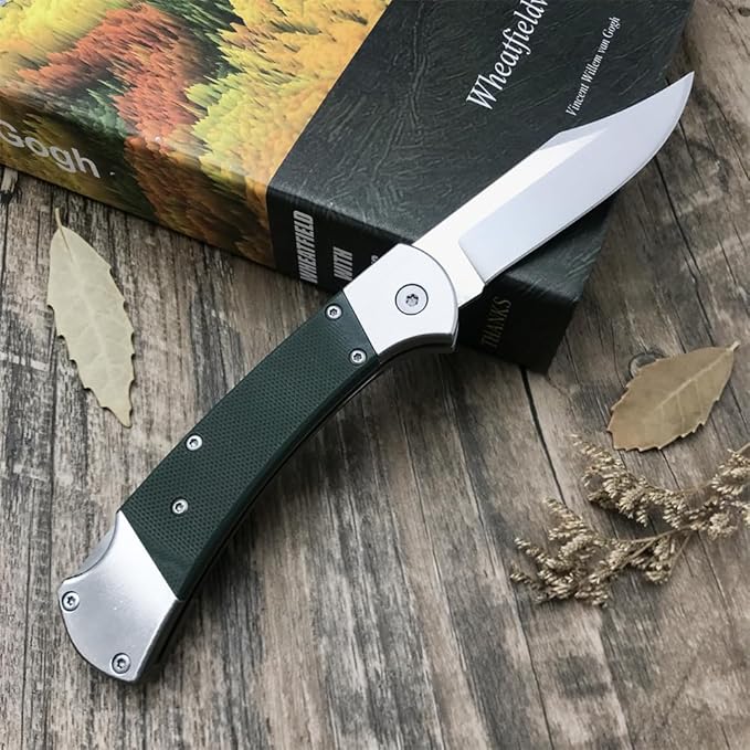 push button assisted opening Folding Knife,440C Stainless Steel Blade, Backlock G10 Handle with Leather Sheath, EDC Pocket Knives for Men (Green)