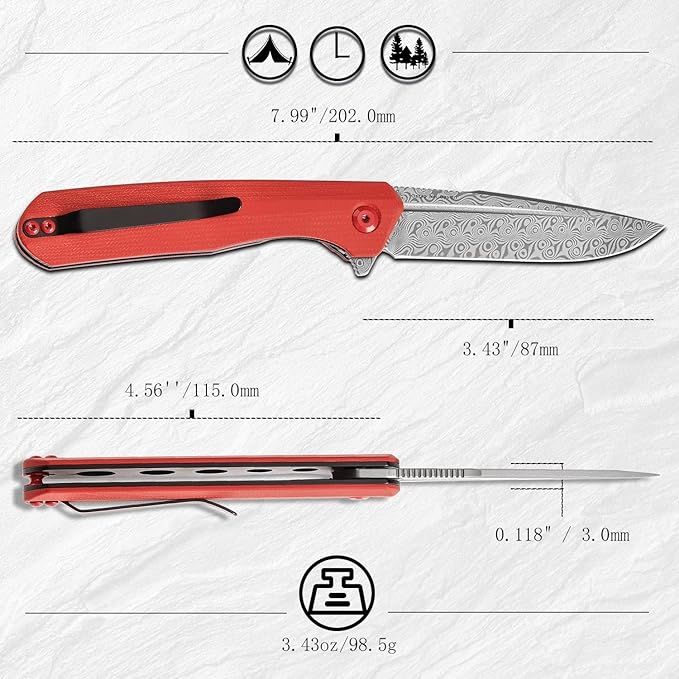 KANSEPT Qilin Pocket Knife,3.24'' Damascus Sharp Blade, Red G10 Handle for Edc, Flipper and Liner Lock with Double-Sided Clip, Men Camping Survival Folding Knives K1047A1