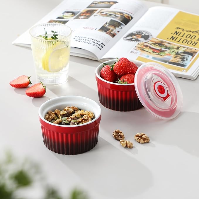 vancasso 8 oz Ramekins with Lid, Porcelain Creme Brulee Souffle Dishes, Red Pudding Custard Cups Ramiken for Baking, Dishwasher and Oven Safe, Set of 6