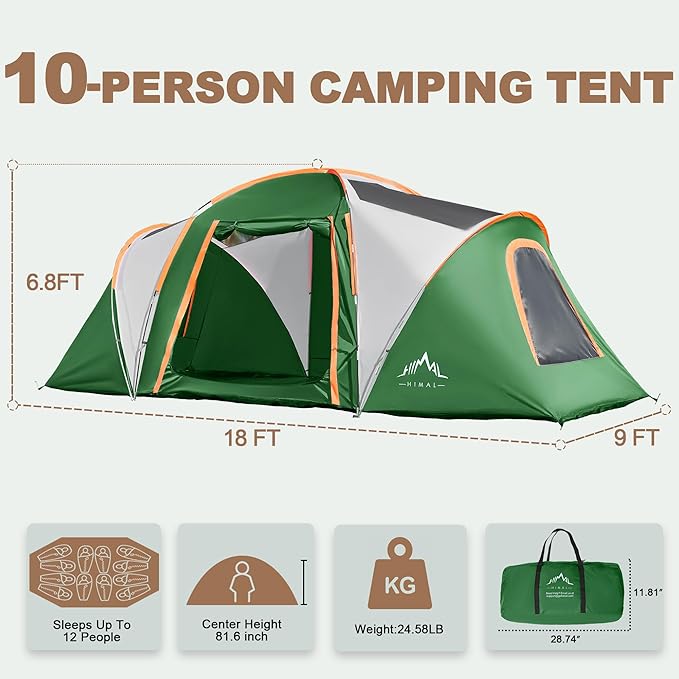 Tents for Camping, Waterproof 10 Person Family Tent with Double Layer & 4 Large Mesh Windows, Weather Resistant Easy Setup 2 Room Big Tent for Music Festival, Parties, 18 X 9 X 6.8Ft