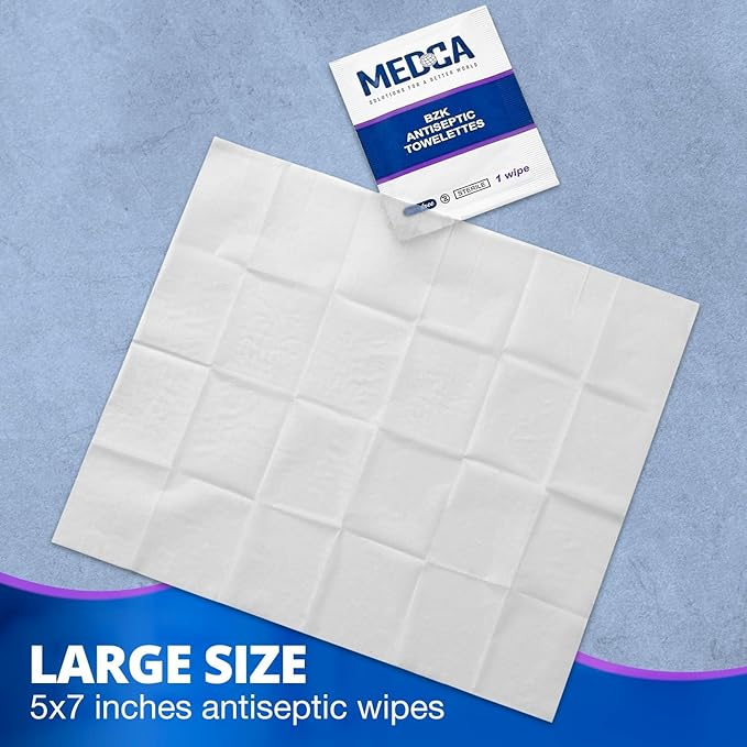 Benzalkonium Chloride Towelletes Hand Wipes – (Pack of 200) Chloride Swabs Individual BZK Single-Use Packets by MEDca 5"x6"