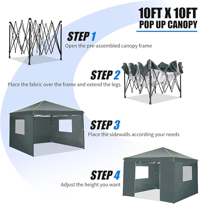 COBIZI 10x10 Pop Up Canopy Tent with 4 Sidewalls and Mesh Windows 2.0, Waterproof Commercial Instant Gazebo Outdoor Tents for Party/Exhibition/Picnic with Carry Bag,4 Stakes & Ropes (Gray)