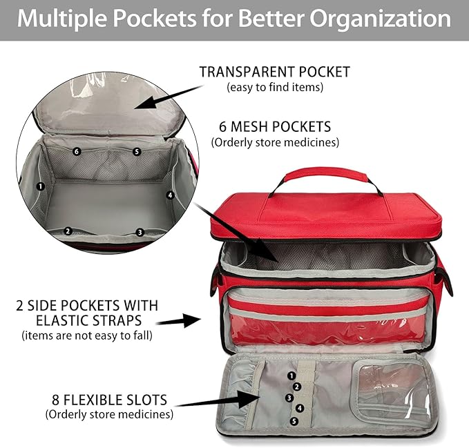 Boczif First Aid Kit, First Aid Storage Carry Bag, Pill Bottle Organizer for Emergency Trauma Medical Kits Supplies Waterproof, Ideal for Home, Office, Car, Travel, Outdoor, Camping, Hiking (Red)