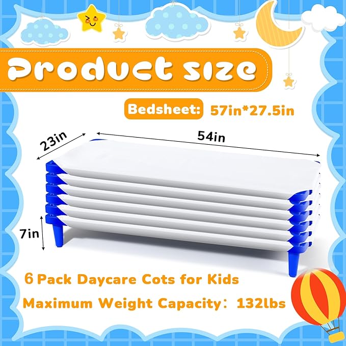 12 Pcs Stackable Daycare Cots for Kids with Sheets 54 l x 23 W T Kids Cots Furniture Bed Frames Headboards Footboards for Sleeping and Daycare (Blue)