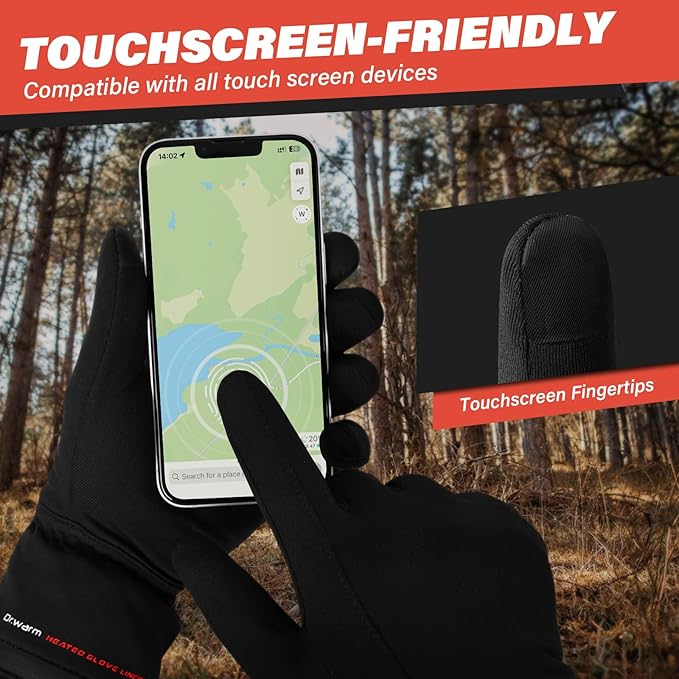Dr.Warm Heated Glove Liners, Rechargeable Heated Gloves Electric Battery Heating Riding Ski Snowboarding Hiking Cycling Hunting Touchscreen Thin Gloves Hand Warmer