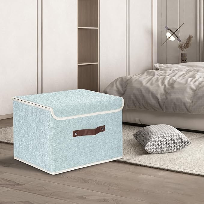 TYEERS Collapsible Storage Boxes, Washable Fabric Storage Bins with Lids, 14.9x9.8x9.8 inches, 3 Pack, Aqua Spring